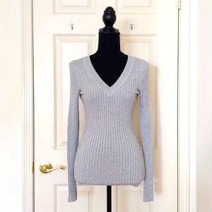 NWOT.Express Rayon Blended Stretch V-Neck Stripes Grey/Silver Sparkle Sweater